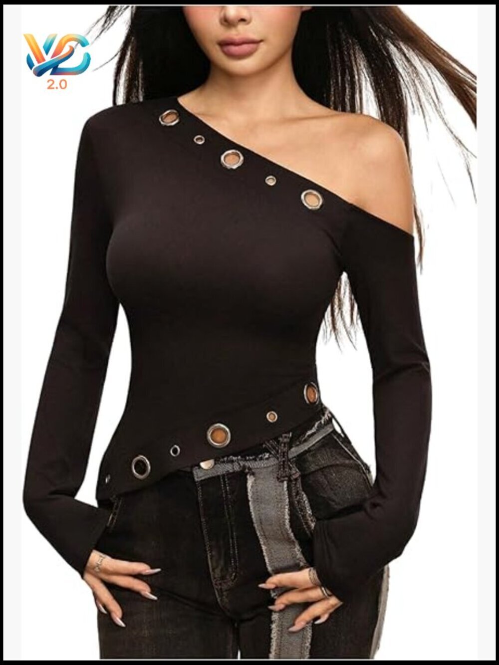Off Shoulder Asymmetrical Top Long Sleeve Punk Y2K Rave Club Going Out
